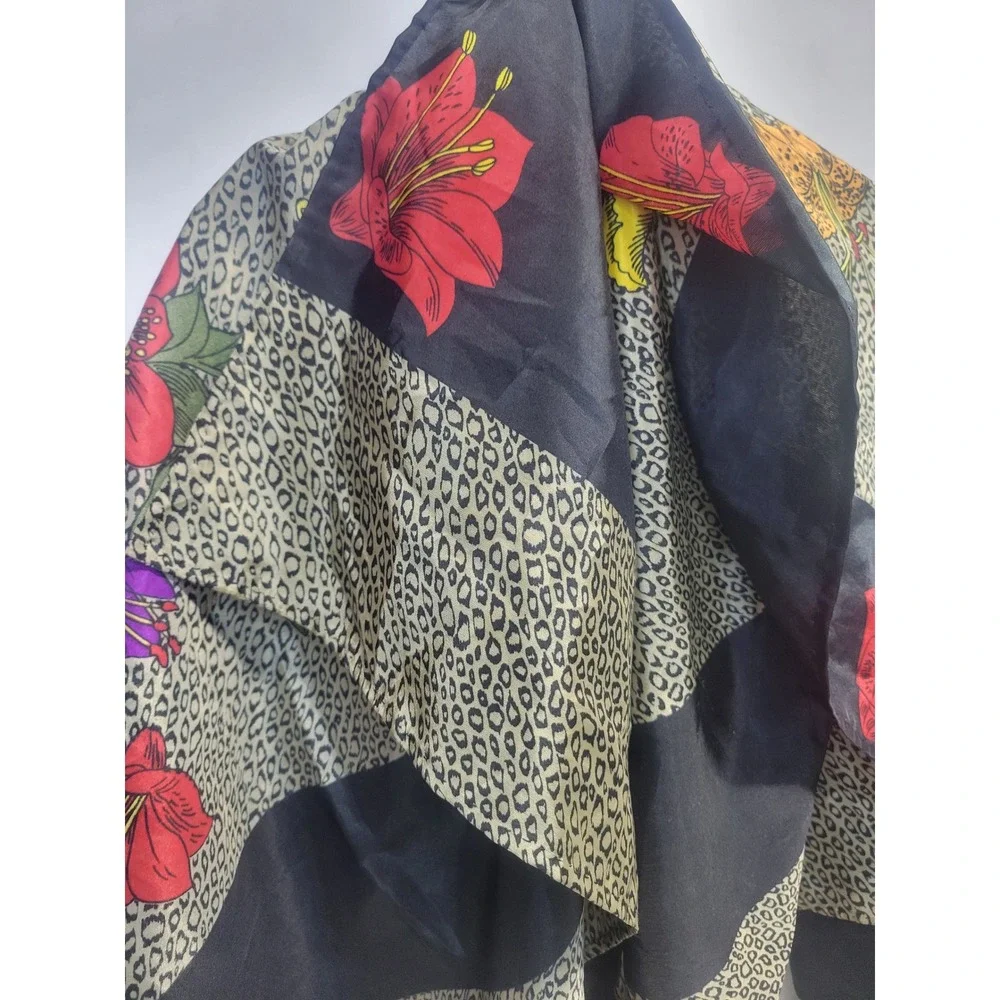 Vtg Style Leopard‎ and Floral Print Square Scarf Black trim 35x44